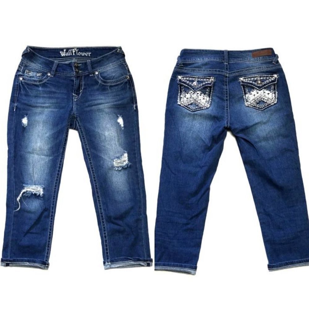 WALLFLOWER Distressed Dark Wash Embellished Capris